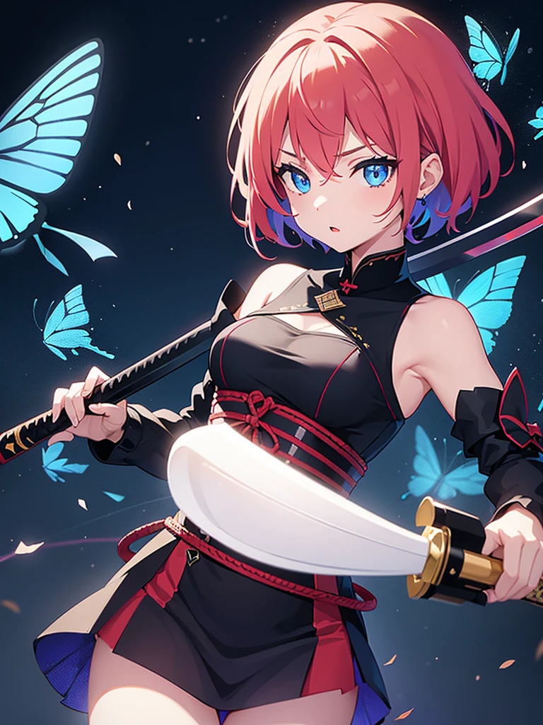 22 year old girl, short scarlet hair, with 2 decorative butterflies in the hair, blue eyes, using two hands a katana that emanates dark energy.