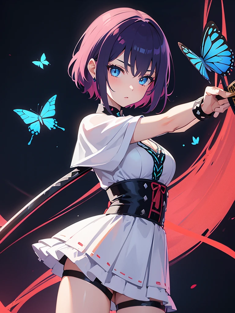 Girl with short scarlet hair, blue eyes, butterfly decoration in hair, using a dark energy katana.