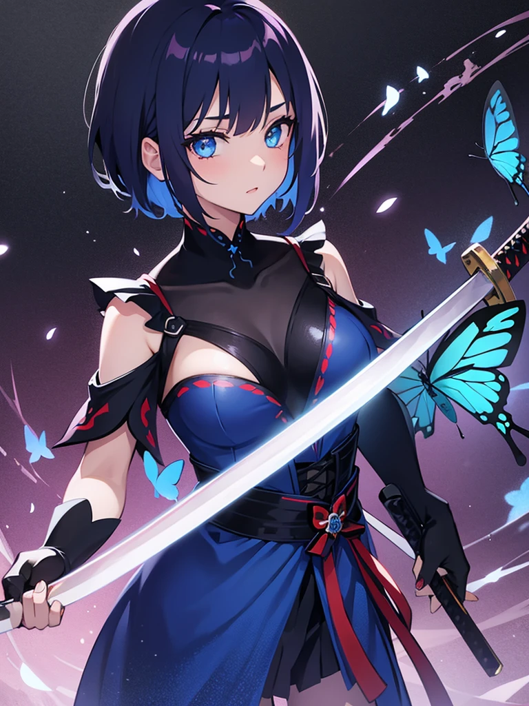 Girl with short scarlet hair, blue eyes, butterfly decoration in hair, using a dark energy katana.