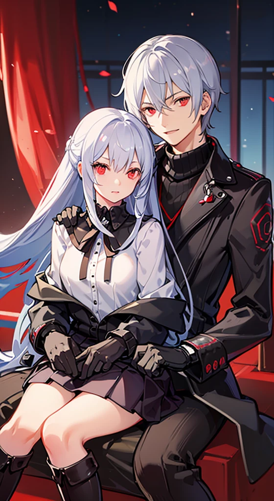 Girl with long white hair, red eyes, sitting on a guy