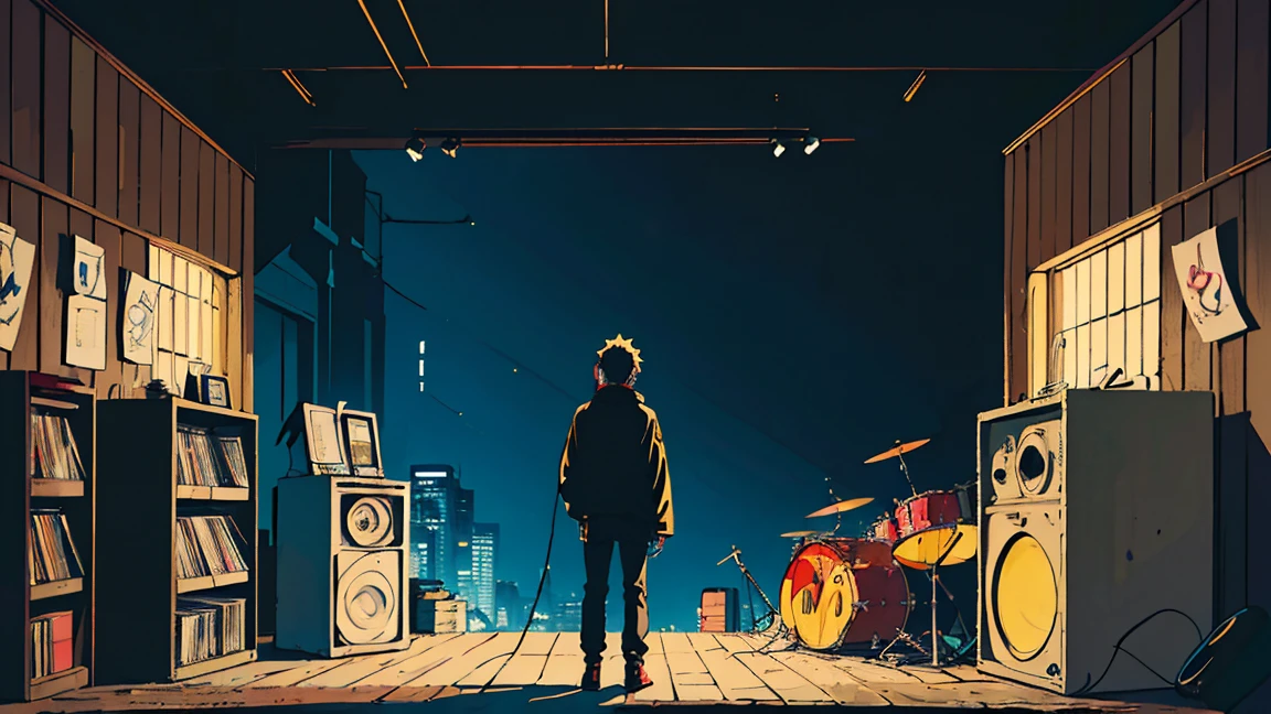 the naruto character, Naruto himself, listening to music sitting in your bed using headphones, Send a message why you, super detaill, Onda vintage, cyber punk, sad atmosphere, Bright light through the windows, night time scene, A room, 2d, (shot from afar), wide plan, (Film noise), ANTIQUE CARTOON, (Many records: 1.3), vinyl record store, (work of art, very high quality, very high quality, offcial art, beautiful and aesthetic: 1.2), (very detailled, (Fractal Art: 1.4 ), guitar, (banknotes: 1.4), (Hip-hop lo-fi), lateral view, Old anime textures, standing alone, Speakers, cyber punk, vinyl, natta. ultra wide entrance cena