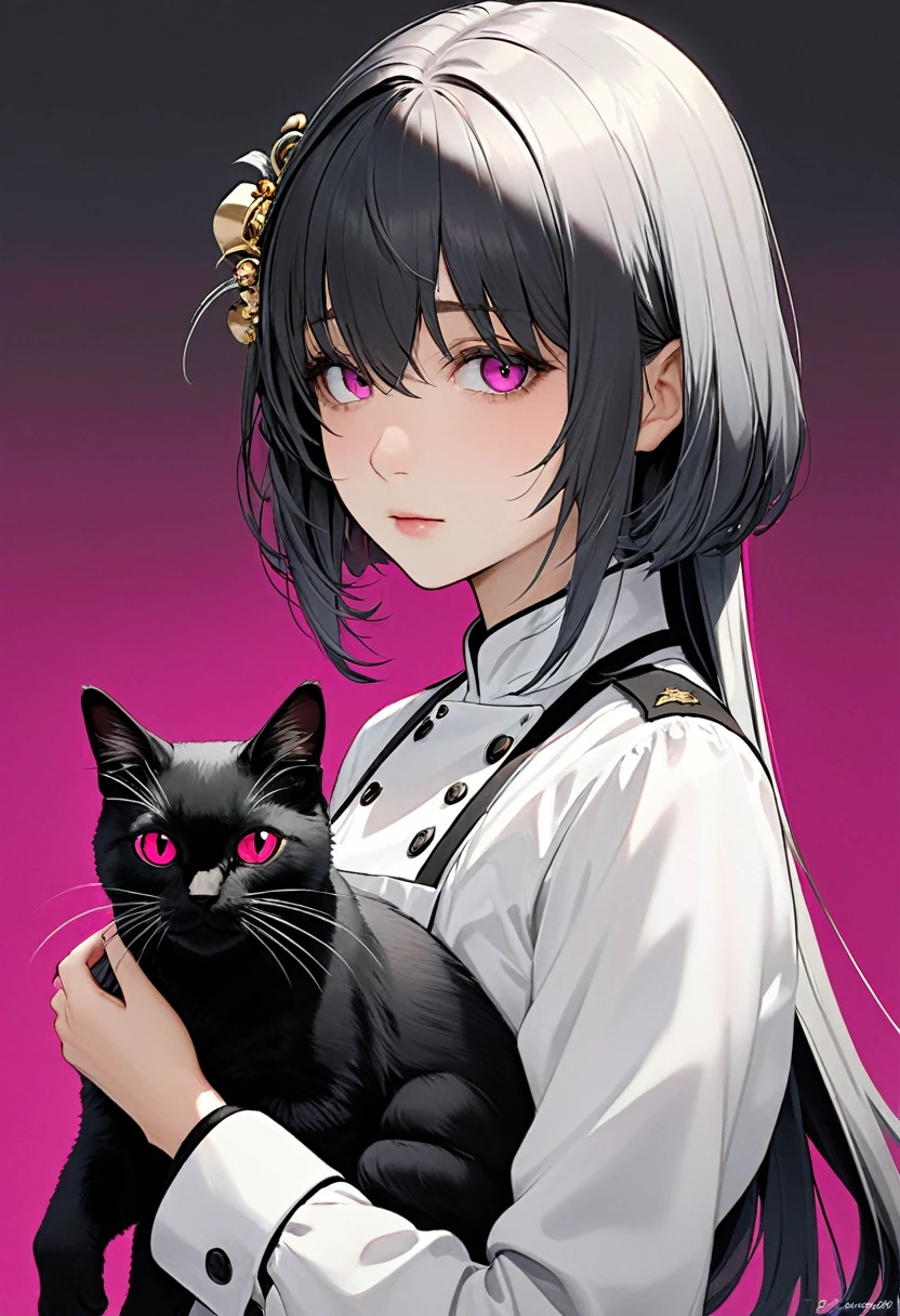 Personnage Hybride Humain-Animal-Cyborg : Un personnage hybride avec des caractéristiques humaines comme les membres de son corps et animales comme son visage inspiré par les animaux et les images précédentes aux cheveux violets. Ils ont des yeux parfaitement dessinés, des cheveux avec des rayonnements légers de blanc ou dorés, et une fourrure détaillée avec des nuances de noir, blanc et gris. Le fond est sombre, mettant en valeur les détails du personnage. Chef d'oeuvre; haute qualité, 8K, fille éblouissante, habillée très vintage en noir, blanc, gris et doré; aux yeux parfaits et égaux, des cheveux avec des rayonnements légers de blanc, dorés et rouge-fucsia, bordeaux; le thème des motifs tourbillonnants en noir et blanc émanant de ses cheveux et ses épaules reste!, conserver l'esthétique à contraste élevé avec un fond sombre, continuité en le design. Le background est toujours noir ou sombre mettre en valeur le personnage qui regarde le spectateur, au regarde doux et tendre.