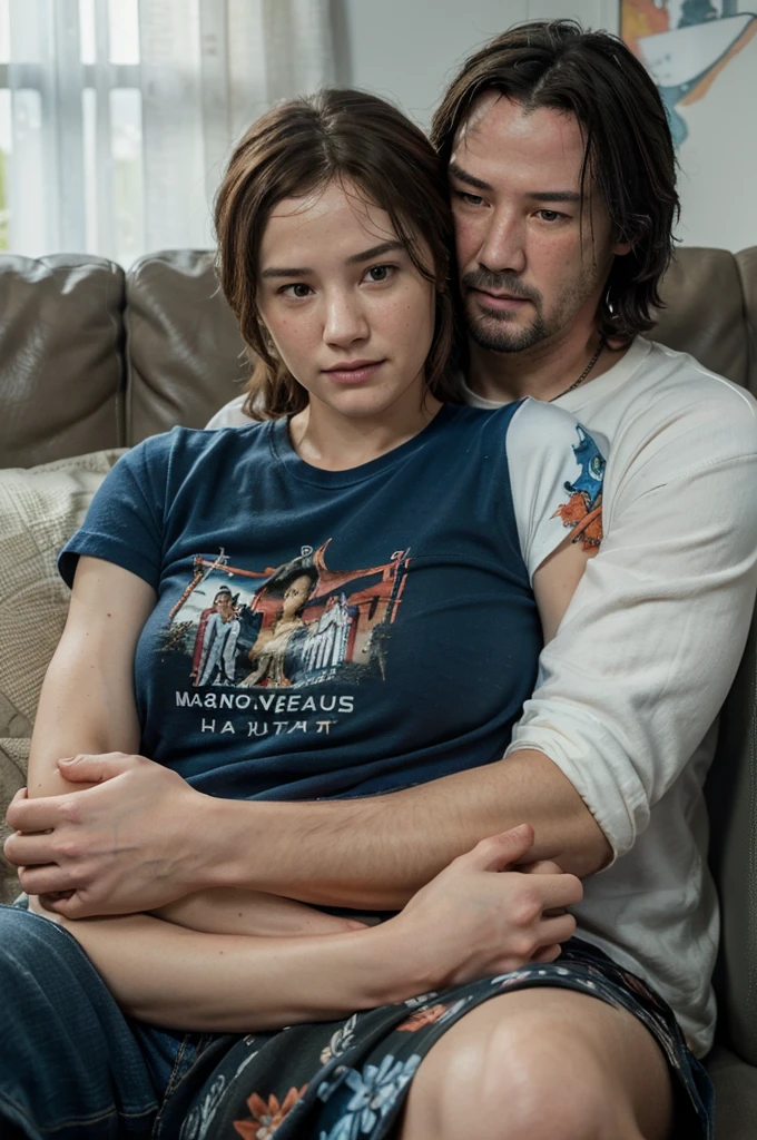 ((best quality)), ((masterpiece)), (detailed), perfect face, Couple, hugged, laughing, Ellie de the Last of us 2 y Keanu Reeves, blue and black wool t-shirt, with orange and white print, foreground, intense lighting, high level of detail, lying on a white sofa