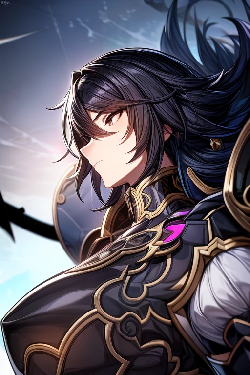 (work of art, best qualityer, face perfect, expressive eyes), Black Knight Armor, black leather cover, details Intricate, black breastplate, a male anime,single character, short black hair with white highlights, barba, visual novel sprite, detailed black armor, high qualiy, cinematic, dramatic pose, details Intricate, swirly vibrant colors, work of art, impacto genshin. 