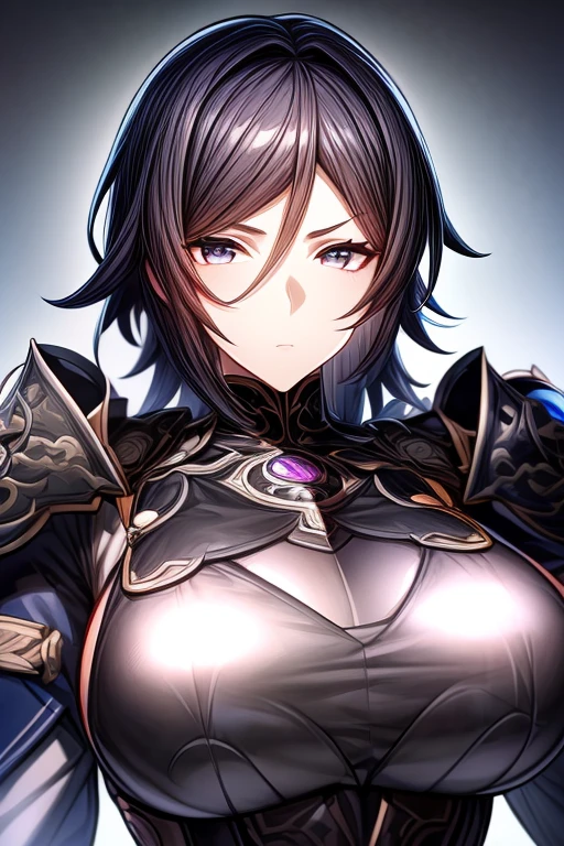 (work of art, best qualityer, face perfect, expressive eyes), Black Knight Armor, black leather cover, details Intricate, black breastplate, a male anime,single character, short black hair with white highlights, barba, visual novel sprite, detailed black armor, high qualiy, cinematic, dramatic pose, details Intricate, swirly vibrant colors, work of art, impacto genshin. 