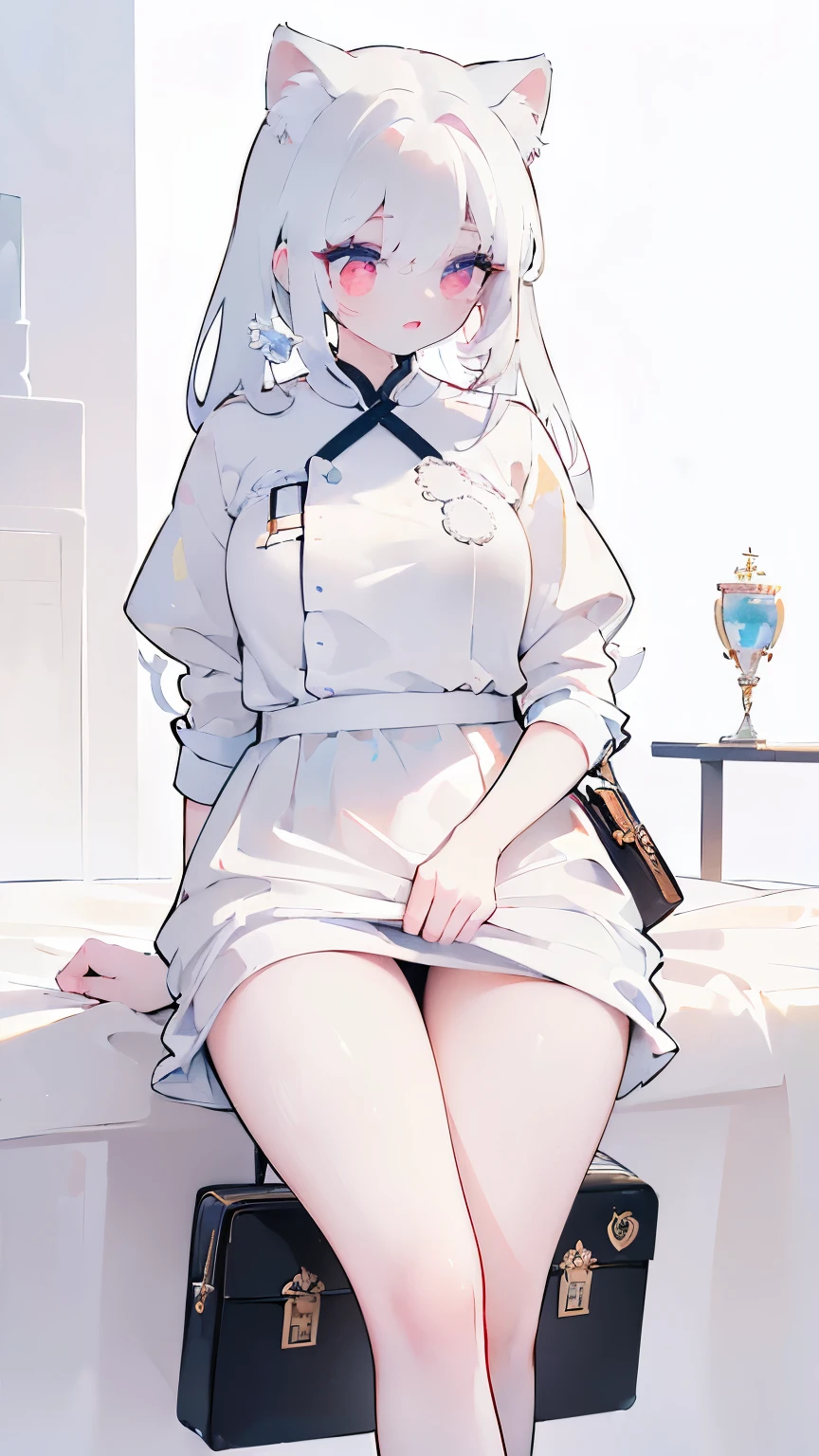 Tsundere girl, beautiful and delicate eyes, beautiful lips, very detailed 눈과 얼굴, long eyelashes, 1girl, white cat ears, foot long bag, Front view, Red-eye, (top quality, 4K, 8K, high resolution, masterpiece:1.2), very detailed, (realistic인, realistic인, realistic인, realistic인, realistic: 1.37), big bust, white background, show me between your legs, naked, Heart eyes, nipple, white hair,masturbation