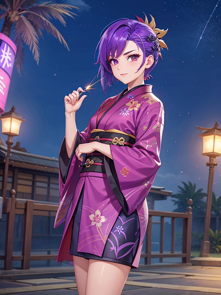 Ixia mobile legends kimono night fire work , purple hair, short hair