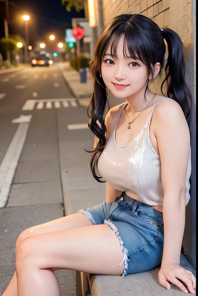 (Highest quality,masterpiece:1.3,Ultra-high resolution),(Very detailedな、Caustics) (Photorealistic:1.4, RAW shooting、)Ultra-Realistic Capture、Very detailed、Natural skin texture、masterpiece、(Sequin tank top and short denim pants:1.3)、1 Japanese girl、Adorable expression、Expressions of Happiness、、Young Face、Ssingly cute、Twin tails、Curly Hair、Black Hair、Scrunchie、Earrings、necklace、light makeup、A big bust that seems to burst、This photo was taken on a busy street at night..、Shining thighs、Sit on a bench on the sidewalk、Shooting from the side、smile、An inviting gaze、