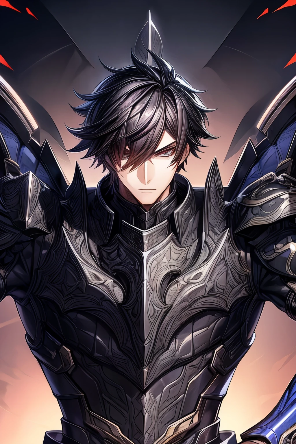 (work of art, best qualityer, face perfect, expressive eyes), Black Knight Armor, black leather cover, details Intricate, black breastplate, a male anime,single character, short black hair with white highlights, barba, visual novel sprite, detailed black armor, high qualiy, cinematic, dramatic pose, details Intricate, swirly vibrant colors, work of art, impacto genshin. 