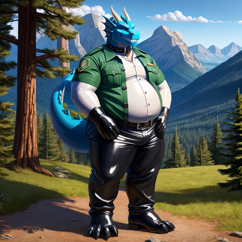 solo, full body, Male, fat, extremely obese, Dragon, park ranger, trousers, outdoor, park ranger uniform, collared shirt with buttons, blue eyes, (soft shading), 4k, hi res, ((detailed face, detailed)), looking at viewer, evil grin, Dragon is wearing the collared shirt and leather collar at the same time, Dragon is wearing a glossy leather dog collar around the neck, Dragon is wearing white rubber gloves on the hands, white rubber gloves on the feet, gloves are rubber in texture, leather collar is shiny, leather collar is extremely detailed, rubber gloves are glossy, Evergreen pine forest and mountains national park in the background, Environmental protection area.