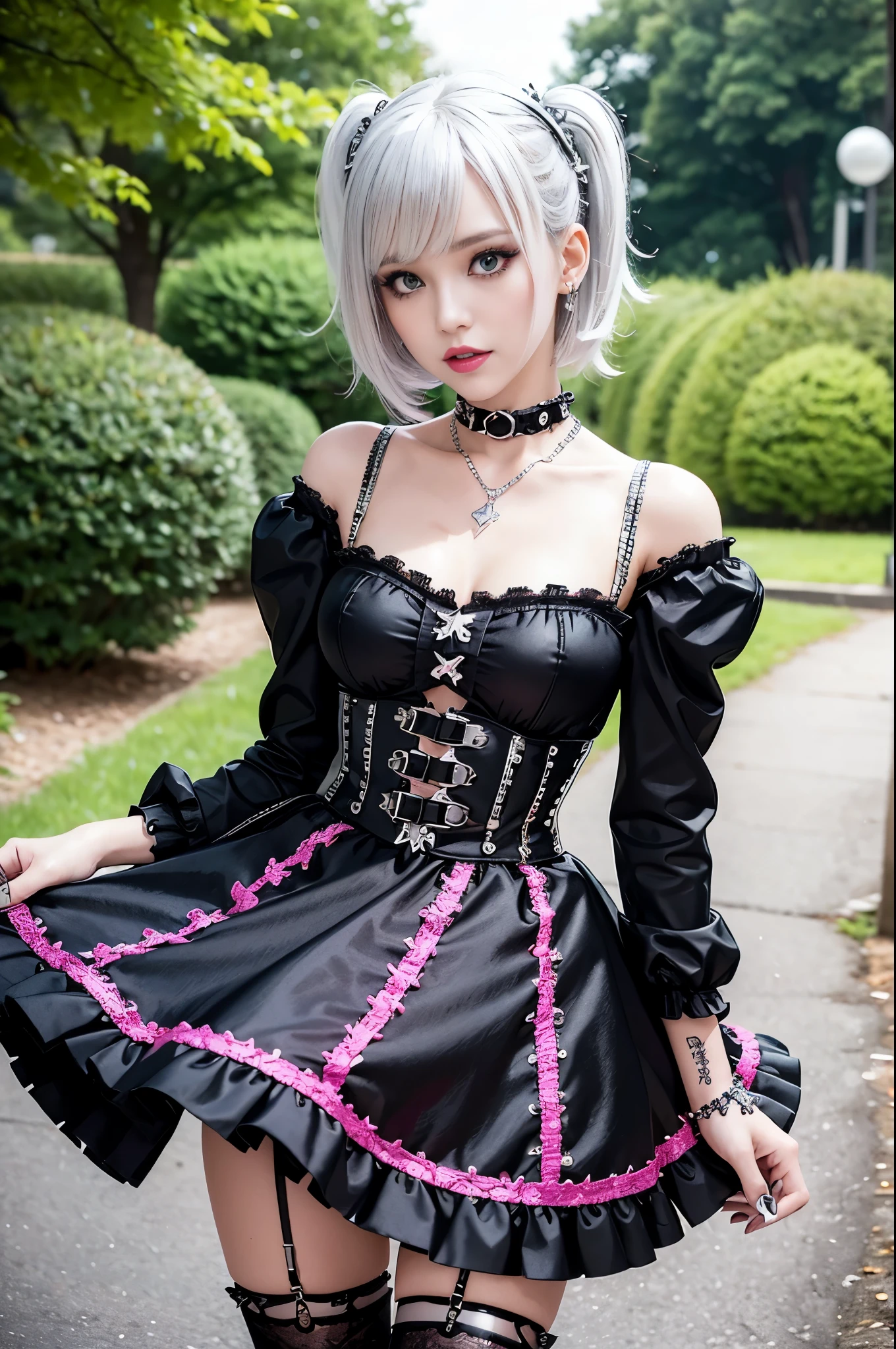 y stylish Swedish model, only 1 female, ((doll-like appearance)), short neon pink stylish hair, ((shiny Punk-Style boots)), (beautiful smile), ultra detailed eyes, Punk makeup, lipgloss, ((sexunk Lolitaay)), unconventional skirt, petticoats, high neckline, ((ultra detailed lace)), ((ultra detailed embroidery)), intricate details, tartan patterns, (silver chains), (silver spikes), (safety pins), Punk Lolita acces, Punk Lolita choker, ((lparkling Punk Lolita jewelry)), cinemaght, detailed large park background with trees