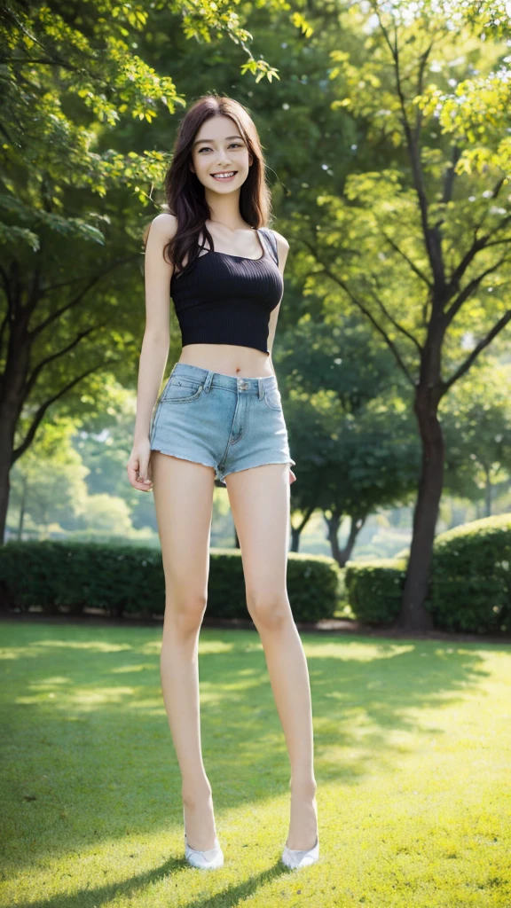 young girl, resembling the model in the provided image, with E cup size, wearing light clothing and shorts, standing in a park, bright and sunny day, greenery and trees around, casual and relaxed atmosphere, neat and fresh look, smiling brightly, in a lively and dynamic pose with legs spread, capturing an energetic moment, outdoors,She is not wearing underwear and her vagina is visible.