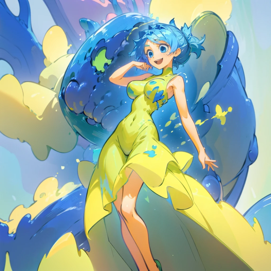 (masterpiece), ((perfect anatomy)), (high Res), (4k), joy, blue eyes, blue hair, yellow skin, huge breast, wide hips, (((green dress))), happy, (anime artstyle), (((solo))), narrow waist