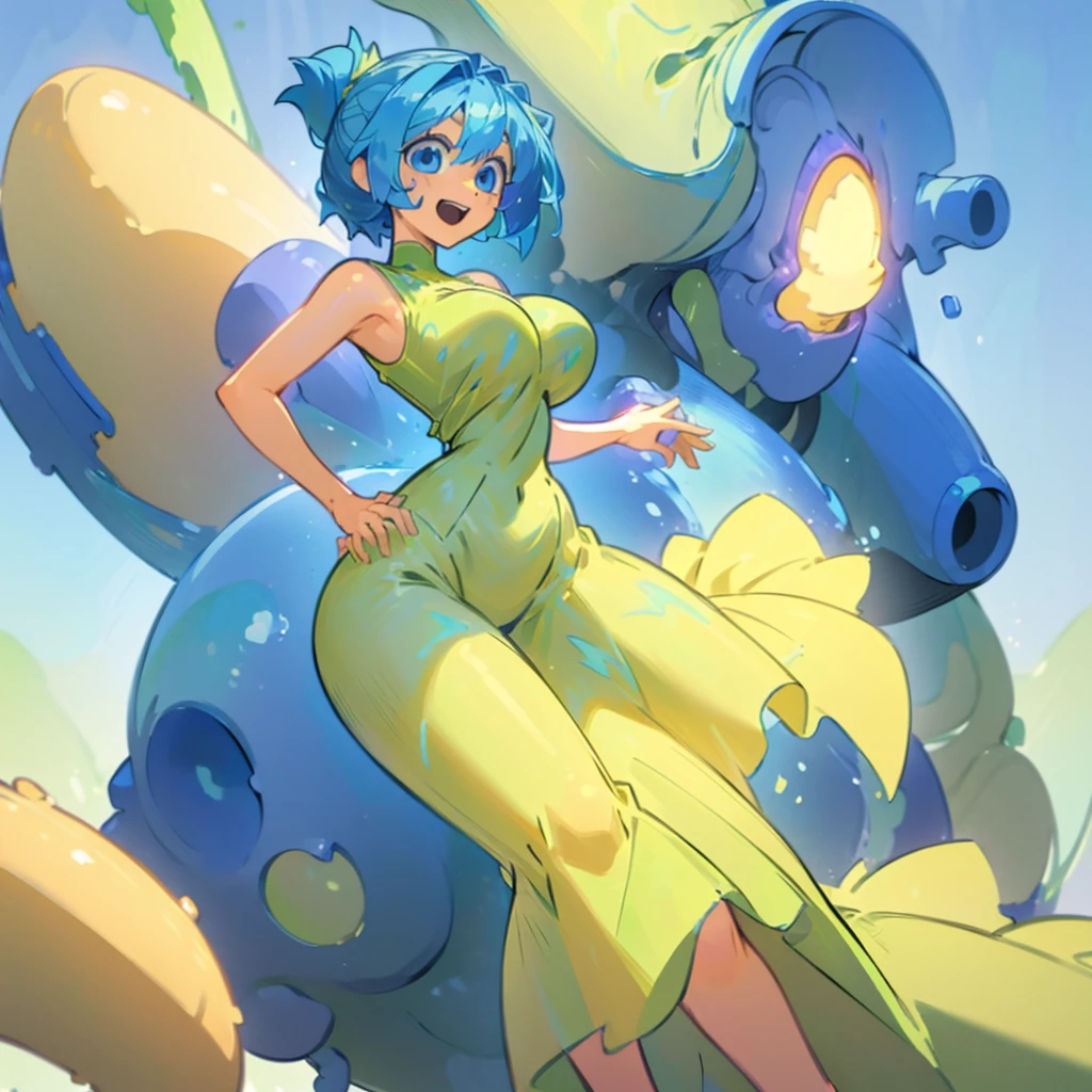 (masterpiece), ((perfect anatomy)), (high Res), (4k), joy, blue eyes, blue hair, yellow skin, huge breast, wide hips, (((green dress))), happy, (anime artstyle), (((solo))), narrow waist