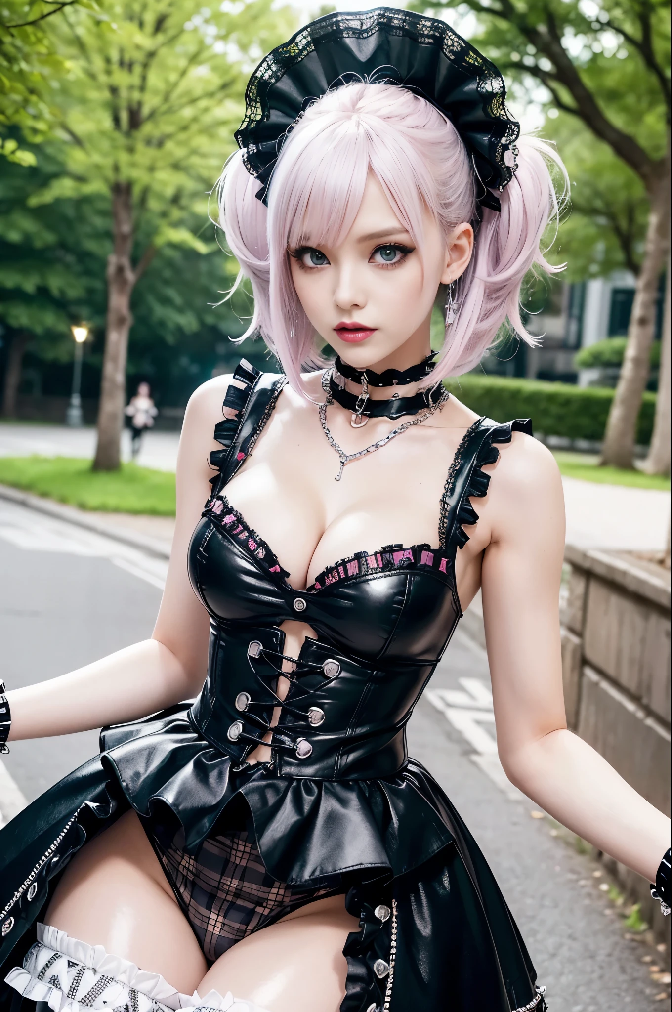 sexy stylish Swedish model, only 1 female, ((doll-like appearance)), short neon pink stylish hair, ((shiny Punk-Style boots)), (beautiful smile), ultra detailed eyes, Punk makeup, lipgloss, ((sexy Punk ta cosplay)), unconventional skirt, petticoats, high neckline, ((ultra detailed lace)), ((ultra detailed embroidery)), intricate details, tartan patterns, (silver chains), (silver spikes), (safety pins), Punk Loliccessoires, Punk Lolita cr, ((large sparkling Punk Lolita jewel, cinematic light, detailed large park background with trees