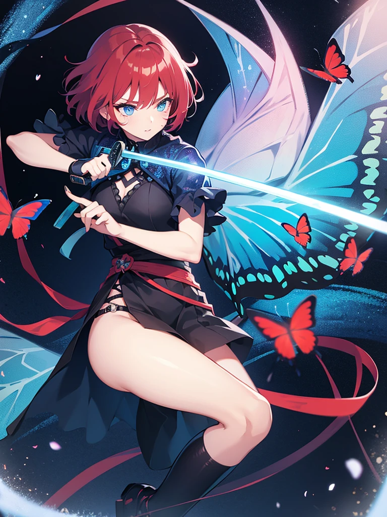 Girl with short scarlet hair, blue eyes, butterfly decoration in hair, using a dark energy katana.
