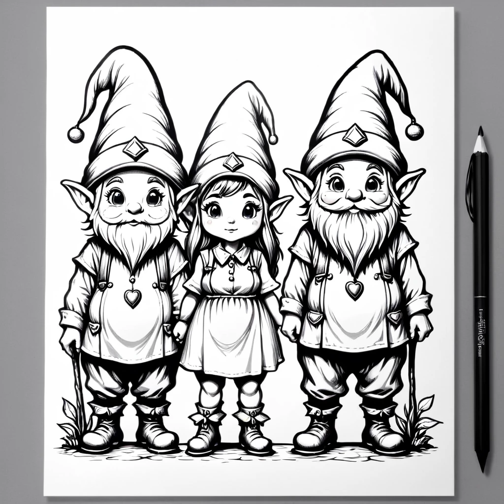 thin line drawing of a couple of gnomes, with the whole body