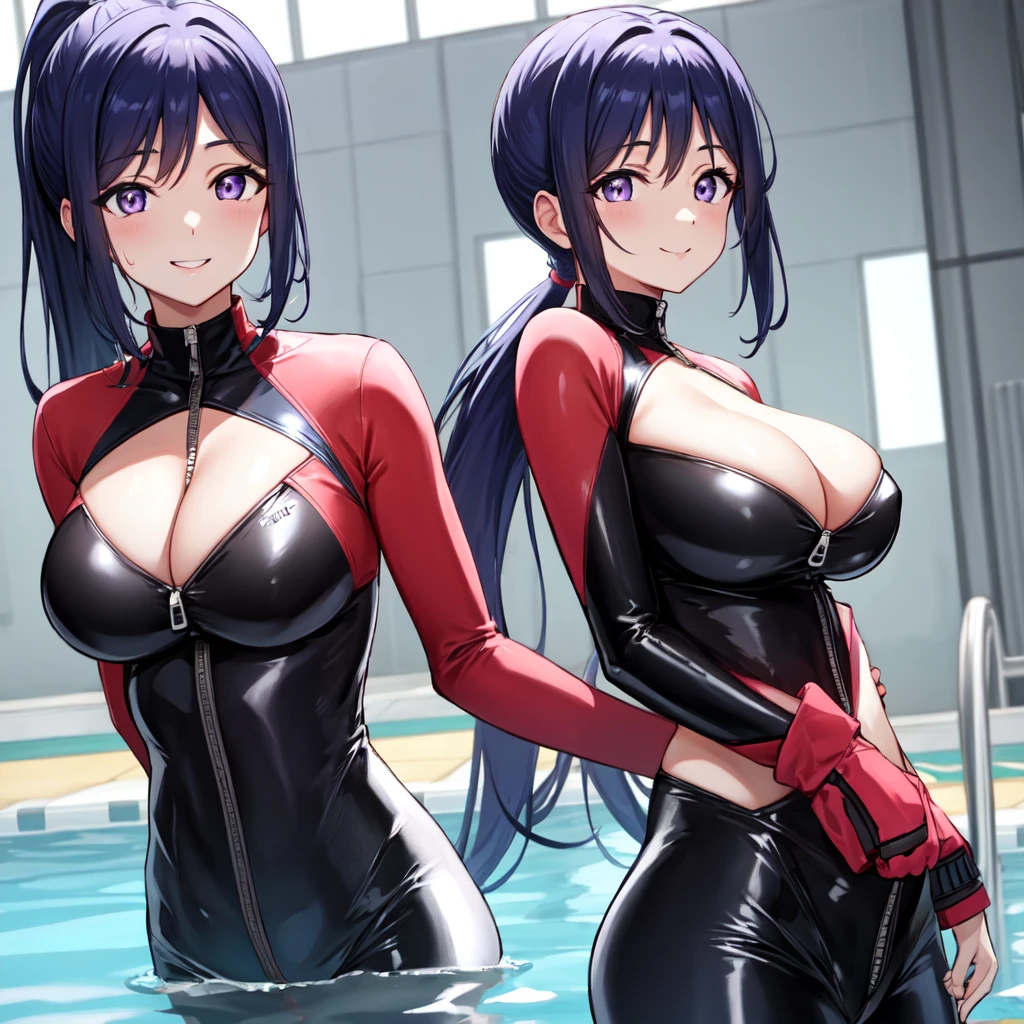 (large breasts:1.5),(shiny,hair),((solo)),((masterpiece)),((best quality)),perfect anatomy,slim waist,perfect image,8k UHD,(beautiful detailed eyes:1.5),extremely detailed face,standing,(upper body:1.1),(look at the front:1.1),arms behindback,ultra-detailed,absurdres,highres,kanan matsuura,blue hair,long hair,ponytail,(purple eyes:1.1),sidelocks,bodysuit,diving suit,long sleeves,swimsuit,wetsuit,zipper,indoor pool,smile,latex,shiny,