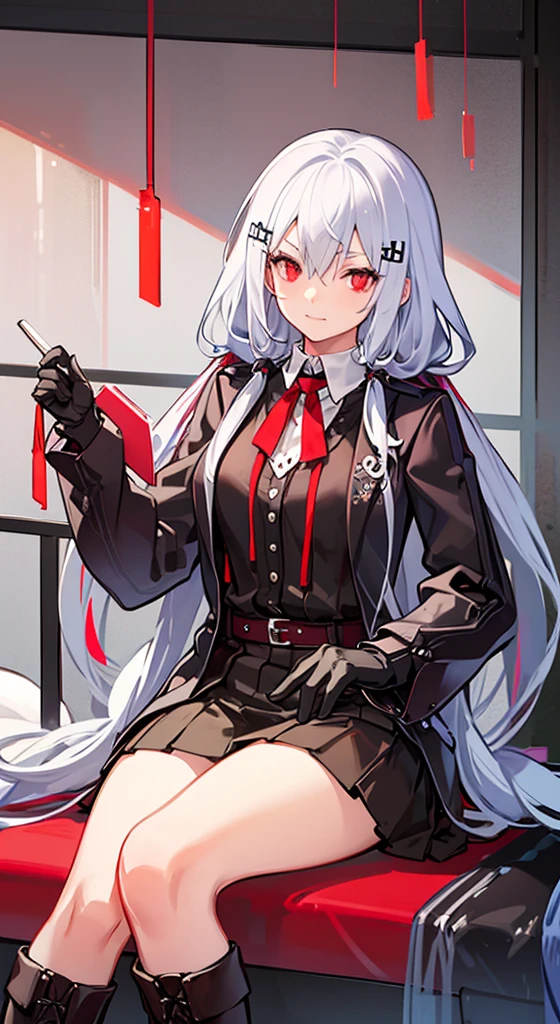 Girl with long white hair, red eyes, sitting on a guy with long black hair