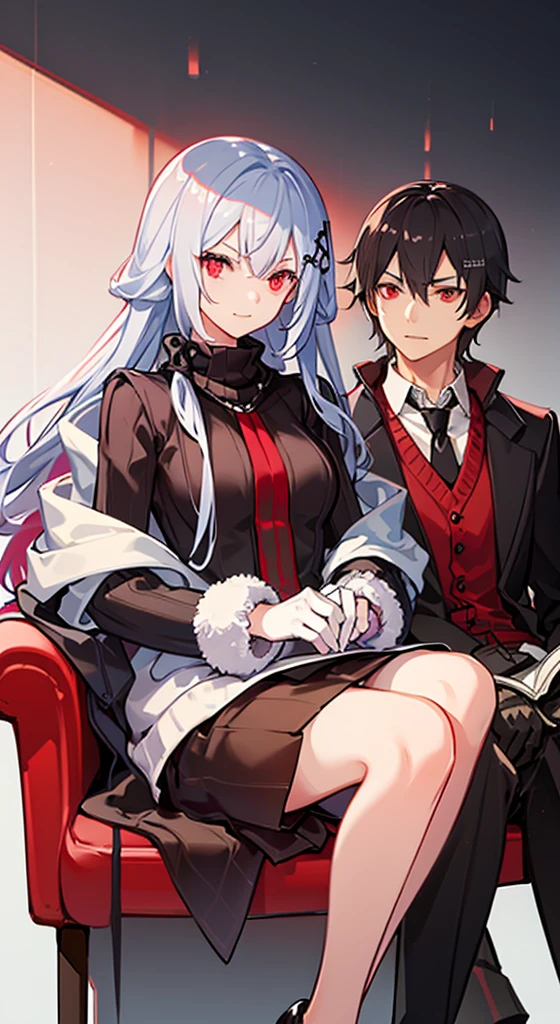 Girl with long white hair, red eyes, sitting on a guy with long black hair