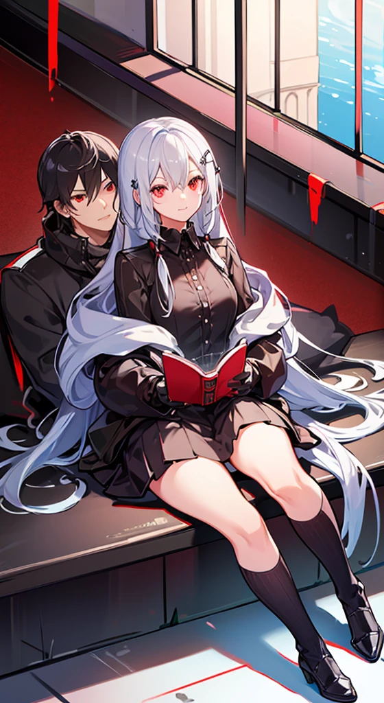 Girl with long white hair, red eyes, sitting on a guy with long black hair