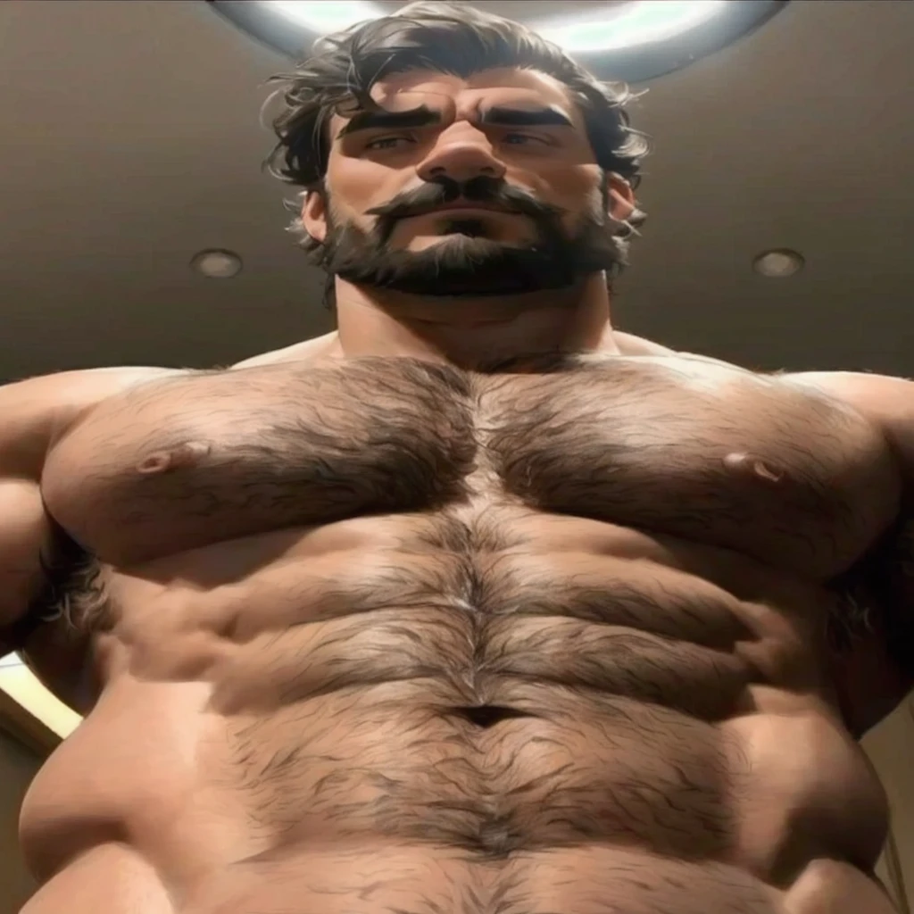 a close up of a middle age mature man with a hairy body and no shirt, hairy chest, hairy chest and hairy body, masculine and strong, strong masculine features, furry chest, strong and imposing, very beautiful. big muscles, hairy torso, beefy, mid-shot of a hunky, big chest, bare hairy chest, partially male hairy torso, fluffy chest, big dick exposed, big balls hanging between big muscular thighs.