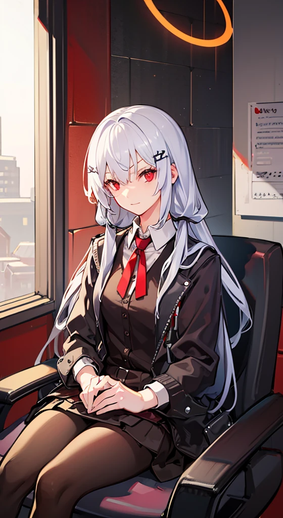Girl with long white hair, red eyes, sitting on a guy with long black hair