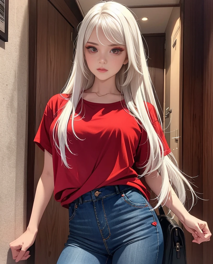 Ultra realistic, high detailed, woman standing normal, long hair, realistic 1.3, red t shirt, short jeans pant, white hair, make up face,