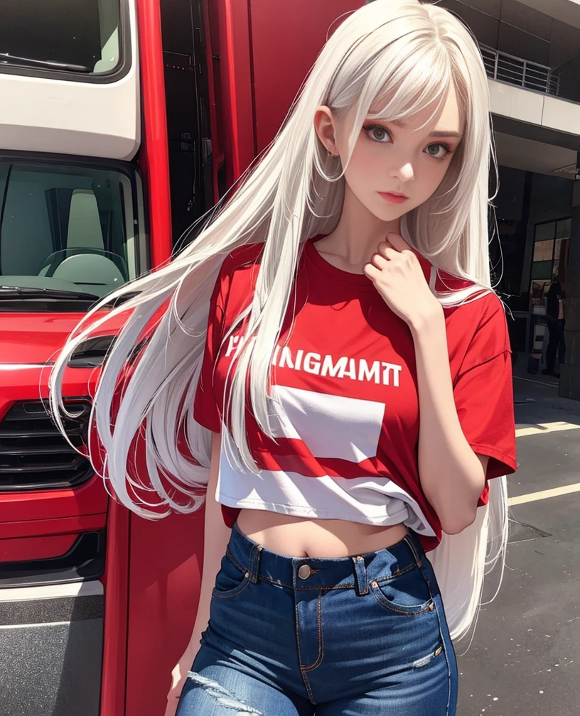 Ultra realistic, high detailed, woman standing normal, long hair, realistic 1.3, red t shirt, short jeans pant, white hair, make up face,