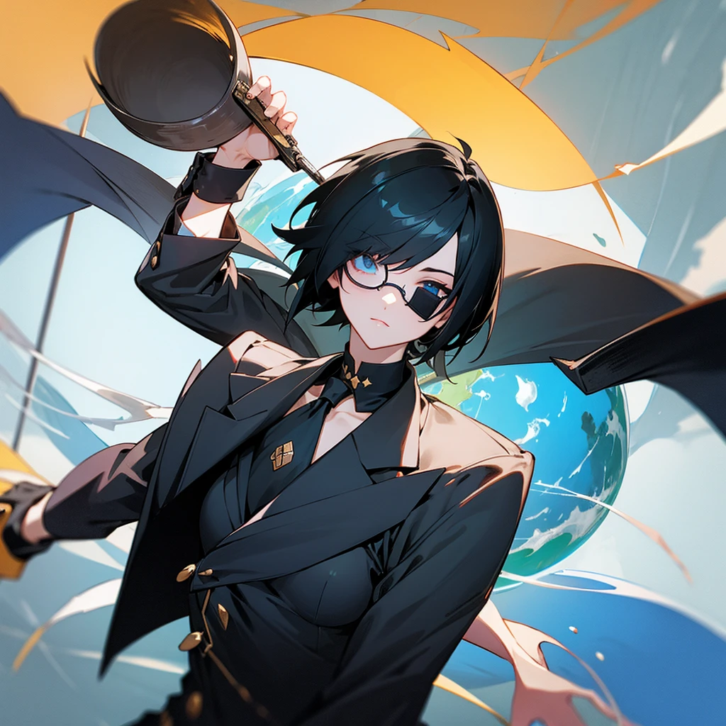 Eye patch Black Short Hair Glasses suit Heaven and Earth