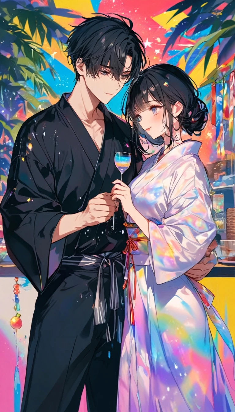 Stripを見つめ合うTwo people、Two people、Tanabata、Strip、Bamboo leaf、Stripに願いをこめて、Grilling in a yukata,fluid,Particles of light, dream-like,Sparkling,dream-like glow,Paint drips,oil,strong stroke,Paint drips,Splash Paint Drop, oil,(Abstract:1.2)A girl and a boy made up of(Tanabataライトトレース:1.25),Change to (Radioluminescence light tracking) スタイルTanabataのSummer festival,Two peopleは織姫と彦星(Cowboy Shot,Above Knee Portrait:1.25),Temple Fair,Summer festival,Shining in rainbow colors、16K, Ultra-high resolution, to be born,wonderful ,future、Iridescent、The world 30 years from now。