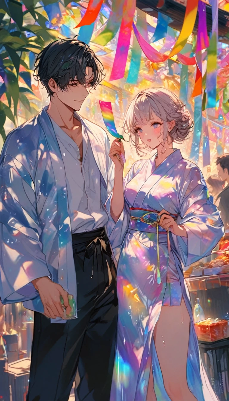 Stripを見つめ合うTwo people、Two people、Tanabata、Strip、Bamboo leaf、Stripに願いをこめて、Grilling in a yukata,fluid,Particles of light, dream-like,Sparkling,dream-like glow,Paint drips,oil,strong stroke,Paint drips,Splash Paint Drop, oil,(Abstract:1.2)A girl and a boy made up of(Tanabataライトトレース:1.25),Change to (Radioluminescence light tracking) スタイルTanabataのSummer festival,Two peopleは織姫と彦星(Cowboy Shot),Temple Fair,Summer festival,Shining in rainbow colors、16K, Ultra-high resolution, to be born,wonderful ,future、Iridescent、The world 30 years from now。
