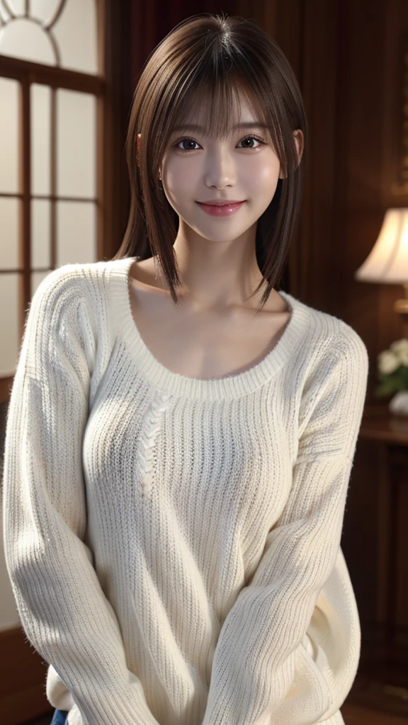 1 Japanese girl,(White sweater:1.4), (RAW Photos, highest quality), (Realistic, Realistic:1.4), Tabletop, Very delicate and beautiful, Very detailed, 8k wallpaper, wonderful, In detail, Very detailedなCG Unity, High resolution, Soft Light, Beautiful details 19 years old, Very detailedな目と顔, Beautiful and sophisticated nose, Beautiful details,Cinema Lighting,Perfect Anatomy,Slender body,smile  (Asymmetrical bangs,)