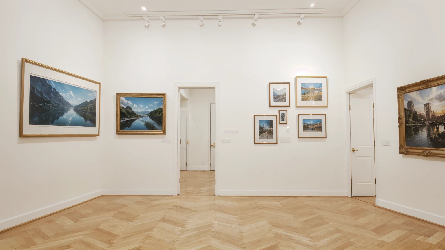  Front view of a huge white blank wall with framed pictures in a painting gallery