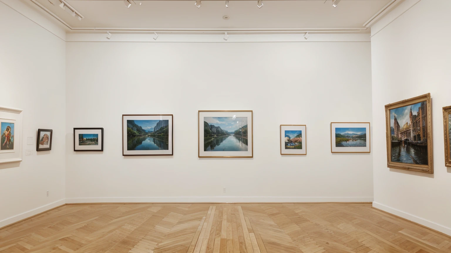 Front view of a huge white blank wall with framed pictures in a painting gallery