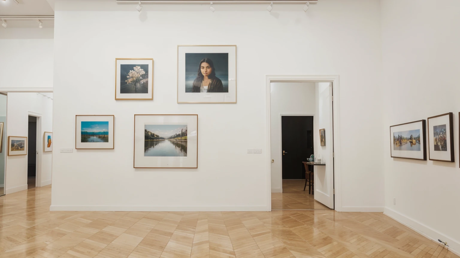  Front view of a huge white blank wall with framed pictures in a painting gallery