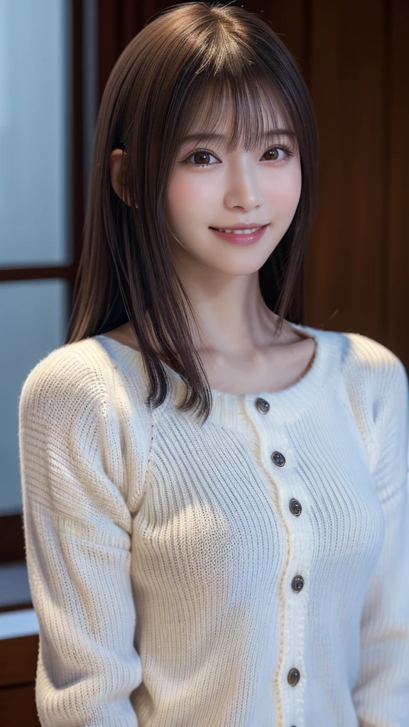1 Japanese girl,(White sweater:1.4), (RAW Photos, highest quality), (Realistic, Realistic:1.4), Tabletop, Very delicate and beautiful, Very detailed, 8k wallpaper, wonderful, In detail, Very detailedなCG Unity, High resolution, Soft Light, Beautiful details 19 years old, Very detailedな目と顔, Beautiful and sophisticated nose, Beautiful details,Cinema Lighting,Perfect Anatomy,Slender body,smile (Asymmetrical bangs,)