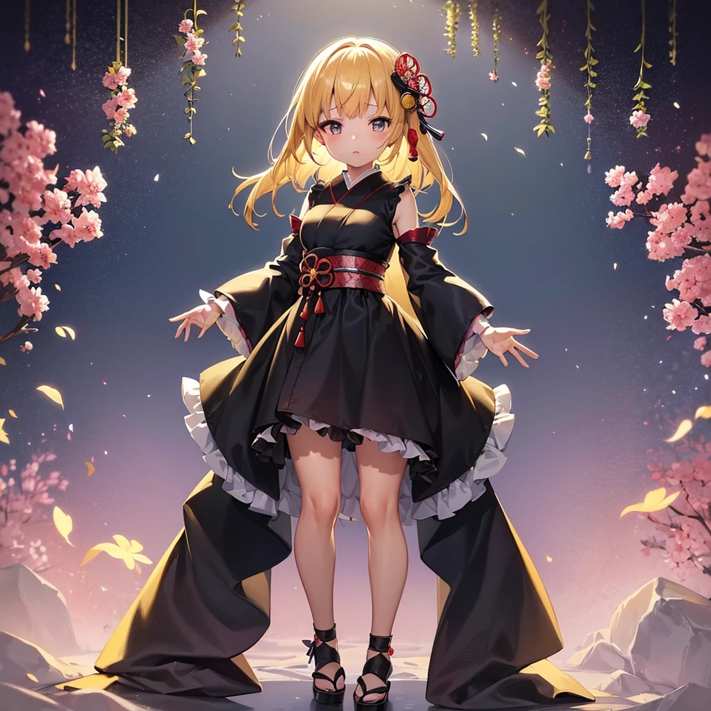 ((Japanese style dress)),(Frills),(Revealing clothing),(In a naughty way),Cute little ,Tiny ,Small girl,,Childish face, Very fine clean face,Top quality,Straight Hair,Yellow hair,(Dark Room), Subtle light, Natural light,Soft lighting,Light from directly behind,(Open your hands), (Are standing),Front view,Black background