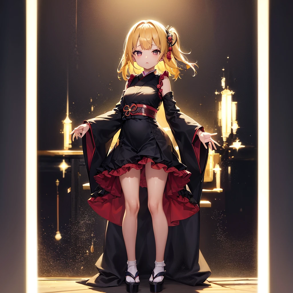 ((Japanese style dress)),(Frills),(Revealing clothing),(In a naughty way),Cute little ,Tiny ,Small girl,,Childish face, Very fine clean face,Top quality,Straight Hair,Yellow hair,(Dark Room), Subtle light, Natural light,Soft lighting,Light from directly behind,(Open your hands), (Are standing),Front view,Black background