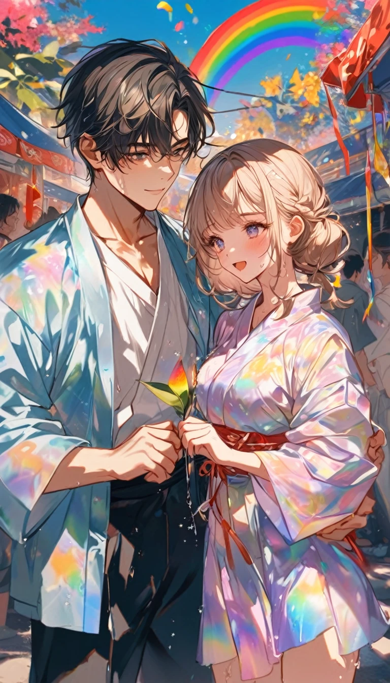 Stripを見つめ合うTwo people、Two people、Tanabata、Strip、Bamboo leaf、Stripに願いをこめて、Grilling in a yukata,fluid,Particles of light, dream-like,Sparkling,dream-like glow,Paint drips,oil,strong stroke,Paint drips,Splash Paint Drop, oil,(Abstract:1.2)A girl and a boy made up of(Tanabataライトトレース:1.25),Change to (Radioluminescence light tracking) スタイルTanabataのSummer festival,Two peopleは織姫と彦星(Cowboy Shot),Temple Fair,Summer festival,Shining in rainbow colors、16K, Ultra-high resolution, to be born,wonderful ,future、Iridescent、The world 30 years from now。