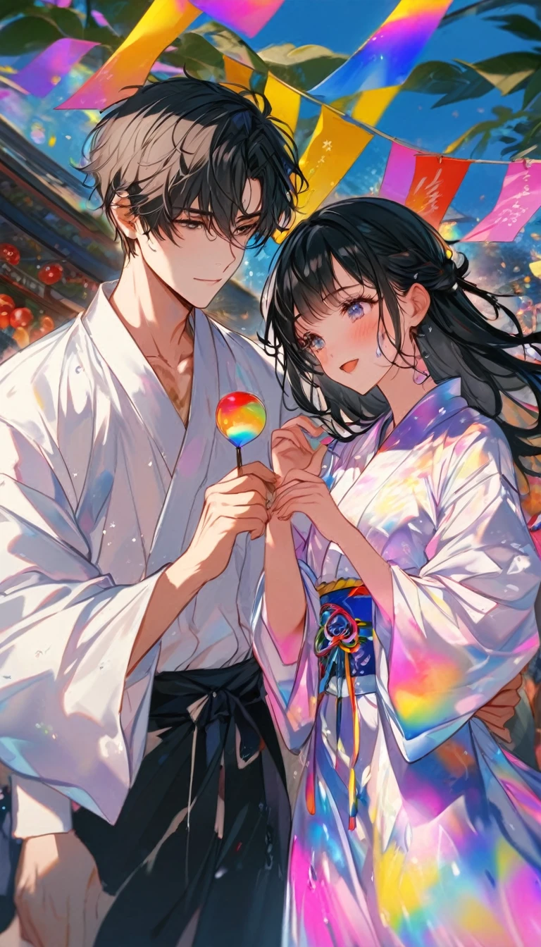 tears、tearsを流すTwo people、Sad expression、Caving、大きな花を見つめ合うTwo people、Two people、Tanabata、Strip、Bamboo leaf、Stripに願いをこめて、Grilling in a yukata,fluid,Particles of light, dream-like,Sparkling,dream-like glow,Paint drips,oil,strong stroke,Paint drips,Splash Paint Drop, oil,(Abstract:1.2)A girl and a boy made up of(Tanabataライトトレース:1.25),Change to (Radioluminescence light tracking) スタイルTanabataのSummer festival,Two peopleは織姫と彦星(Cowboy Shot),Temple Fair,Summer festival,Shining in rainbow colors、16K, Ultra-high resolution, to be born,wonderful ,future、Iridescent、The world 30 years from now。