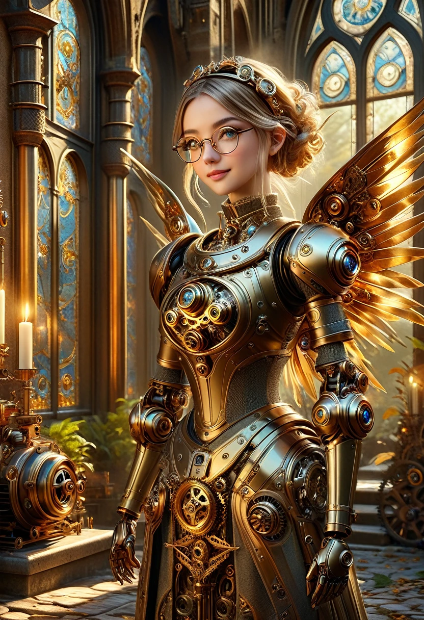 masterpiece, best quality, highly detailed, 1girl, solo, twintails, off-shoulder sweater, choker, large glasses, gold locket, jacket, hairband, looking at viewer, smile, blush, mechaical face. Wide Smile, Eyes Detailed & Wide, sexy Pose. Ultra HD, Rococo-Inspired Fantasy Art With Intricate Details. Cute, Charming Expression, Alluring-Gaze, looking at viewer Beautiful Eyes, An-Ideal-Figure. . slim waist, fit body, full lipsWarm lights , woman in a dreamy forest at night, with fluffy hair, delicate face, realistic, real, slim, large aperture, sexy shots, attractive poses, symmetrical face, photorealistic, photography, path tracing, specular lighting, volumetric face light, path traced hairmaximum quality{(masutepiece) (8K High Resolution) (top-quality) In the style of breath of the wild.medieval monastery garden,steampunk craftsman robot monk,beautiful ornate architecture,steampunk machinery and gears,exquisite stained glass windows,enchanted flower garden,ancient stone walkway with intricate carvings,glowing candles and dimly lit atmosphere,steam and smoke billowing from the machinery,mystical atmosphere,peaceful and serene setting,mechanical wings attached to the robot monk's back,robot monk with intricate clockwork mechanisms,electromechanical eyes glowing with energy,warm golden color palette,gentle sunlight streaming through the stained glass windows,whispering sound of wind and rustling leaves,the scent of aged books and incense,notes of ancient Gregorian chants echoing in the air,sense of awe and tranquility,combination of futuristic and medieval elements,harmony of technology and spirituality.