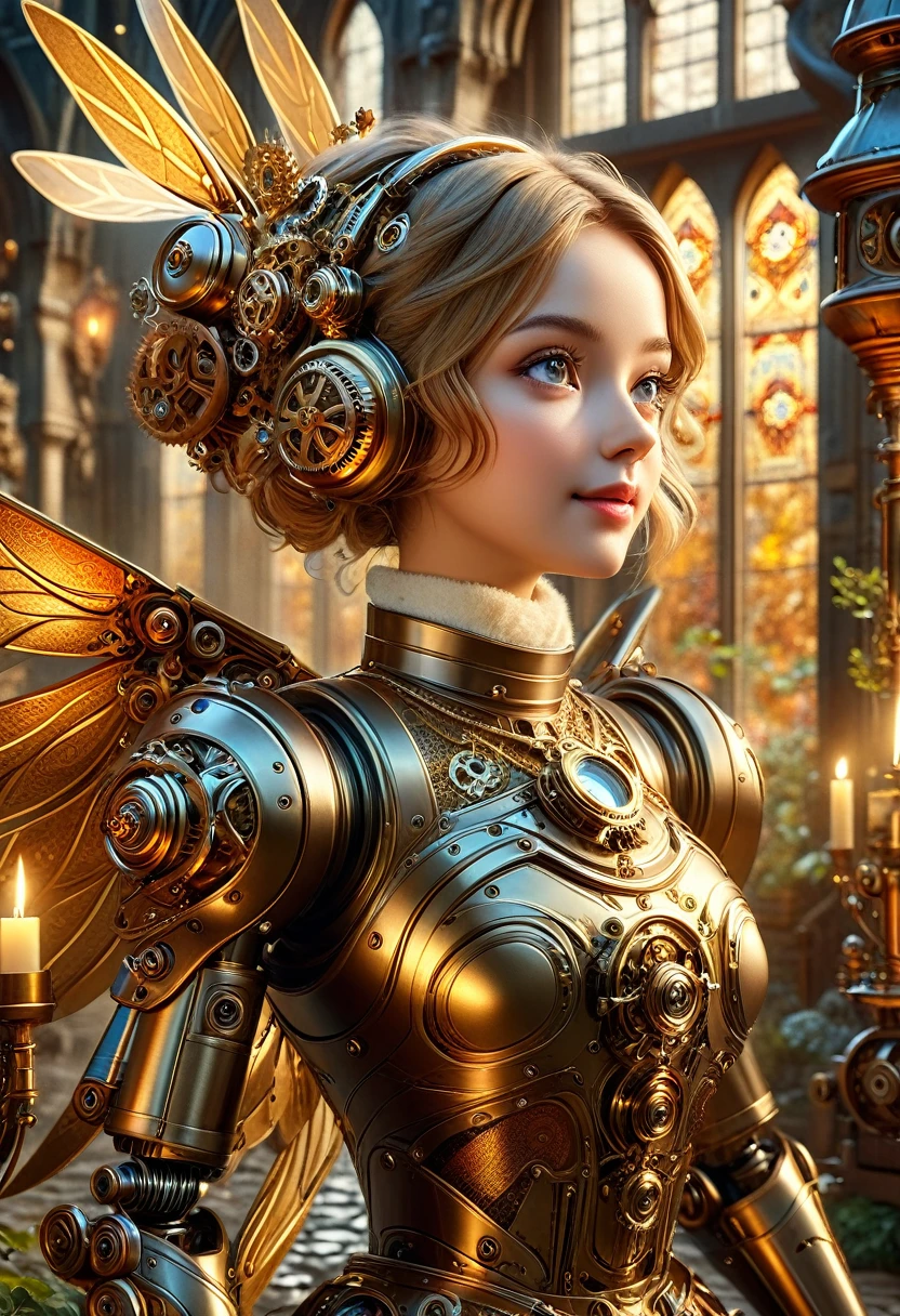 masterpiece, best quality, highly detailed, 1girl, solo, twintails, off-shoulder sweater, choker, large glasses, gold locket, jacket, hairband, looking at viewer, smile, blush, mechaical face. Wide Smile, Eyes Detailed & Wide, sexy Pose. Ultra HD, Rococo-Inspired Fantasy Art With Intricate Details. Cute, Charming Expression, Alluring-Gaze, looking at viewer Beautiful Eyes, An-Ideal-Figure. . slim waist, fit body, full lipsWarm lights , woman in a dreamy forest at night, with fluffy hair, delicate face, realistic, real, slim, large aperture, sexy shots, attractive poses, symmetrical face, photorealistic, photography, path tracing, specular lighting, volumetric face light, path traced hairmaximum quality{(masutepiece) (8K High Resolution) (top-quality) In the style of breath of the wild.medieval monastery garden,steampunk craftsman robot monk,beautiful ornate architecture,steampunk machinery and gears,exquisite stained glass windows,enchanted flower garden,ancient stone walkway with intricate carvings,glowing candles and dimly lit atmosphere,steam and smoke billowing from the machinery,mystical atmosphere,peaceful and serene setting,mechanical wings attached to the robot monk's back,robot monk with intricate clockwork mechanisms,electromechanical eyes glowing with energy,warm golden color palette,gentle sunlight streaming through the stained glass windows,whispering sound of wind and rustling leaves,the scent of aged books and incense,notes of ancient Gregorian chants echoing in the air,sense of awe and tranquility,combination of futuristic and medieval elements,harmony of technology and spirituality. 
