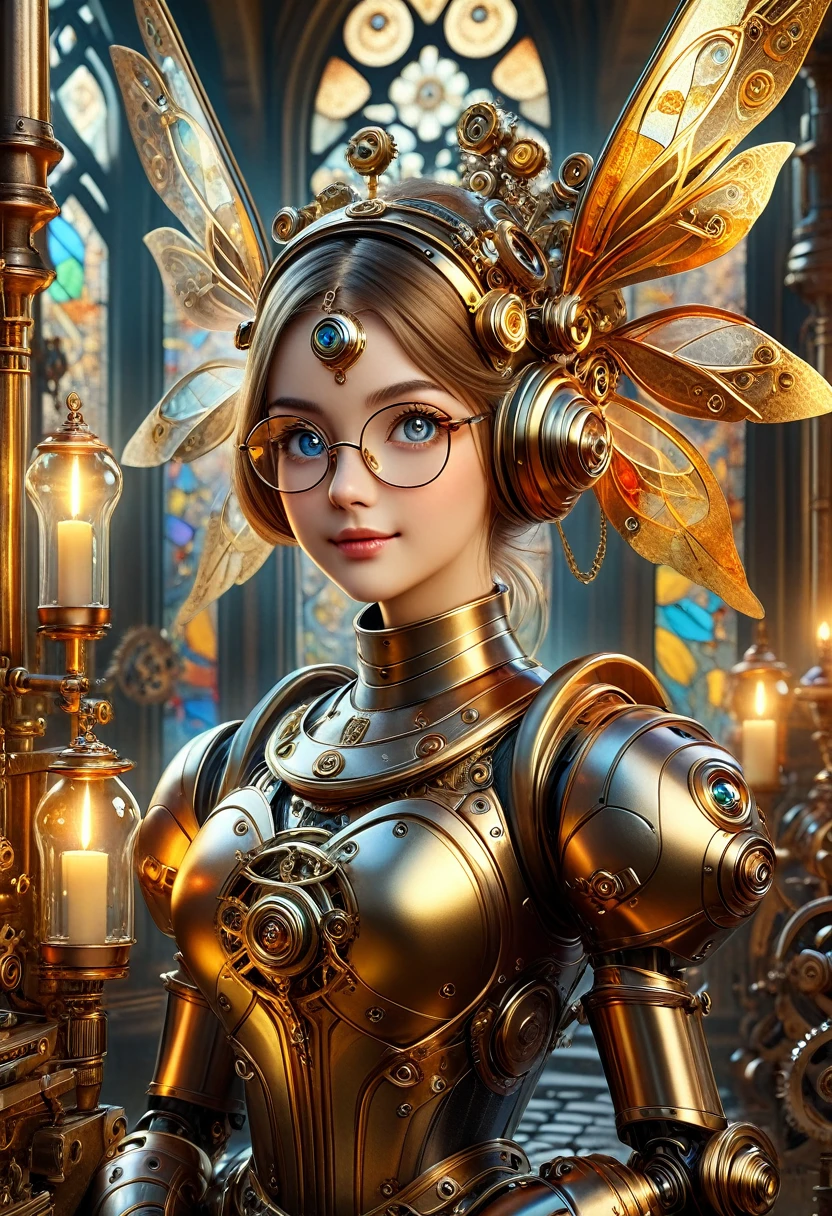 masterpiece, best quality, highly detailed, 1girl, solo, twintails, off-shoulder sweater, choker, large glasses, gold locket, jacket, hairband, looking at viewer, smile, blush, mechaical face. Wide Smile, Eyes Detailed & Wide, sexy Pose. Ultra HD, Rococo-Inspired Fantasy Art With Intricate Details. Cute, Charming Expression, Alluring-Gaze, looking at viewer Beautiful Eyes, An-Ideal-Figure. . slim waist, fit body, full lipsWarm lights , woman in a dreamy forest at night, with fluffy hair, delicate face, realistic, real, slim, large aperture, sexy shots, attractive poses, symmetrical face, photorealistic, photography, path tracing, specular lighting, volumetric face light, path traced hairmaximum quality{(masutepiece) (8K High Resolution) (top-quality) In the style of breath of the wild.medieval monastery garden,steampunk craftsman robot monk,beautiful ornate architecture,steampunk machinery and gears,exquisite stained glass windows,enchanted flower garden,ancient stone walkway with intricate carvings,glowing candles and dimly lit atmosphere,steam and smoke billowing from the machinery,mystical atmosphere,peaceful and serene setting,mechanical wings attached to the robot monk's back,robot monk with intricate clockwork mechanisms,electromechanical eyes glowing with energy,warm golden color palette,gentle sunlight streaming through the stained glass windows,whispering sound of wind and rustling leaves,the scent of aged books and incense,notes of ancient Gregorian chants echoing in the air,sense of awe and tranquility,combination of futuristic and medieval elements,harmony of technology and spirituality. 
