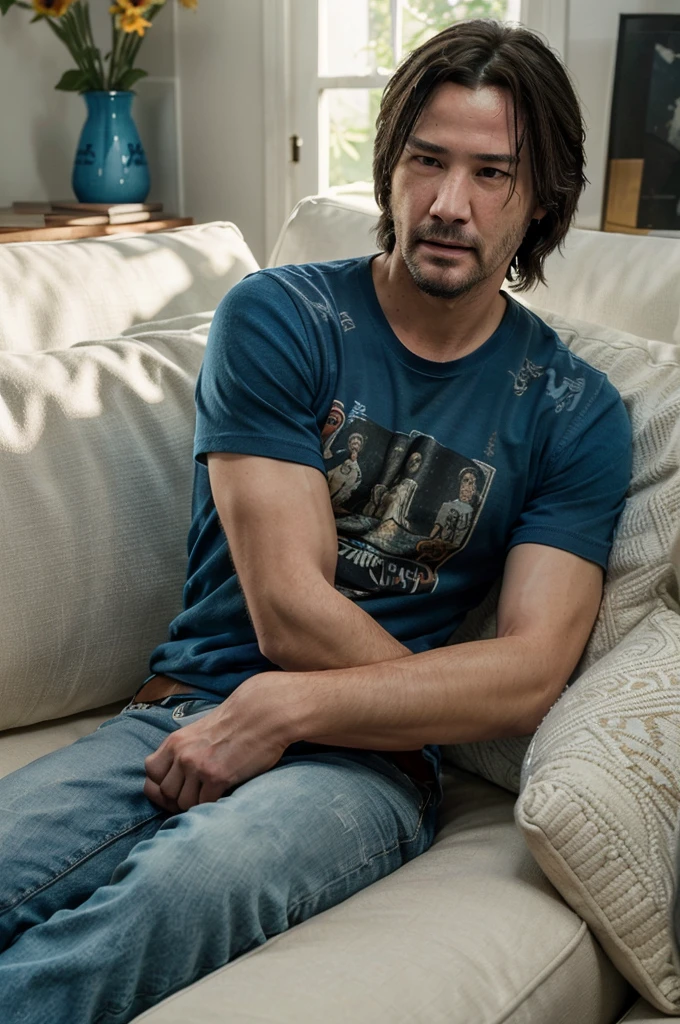 ((best quality)), ((masterpiece)), (detailed), perfect face, Couple, hugged, laughing, Ellie de the Last of us 2 y Keanu Reeves, blue and black wool t-shirt, with orange and white print, foreground, intense lighting, high level of detail, lying on a white sofa