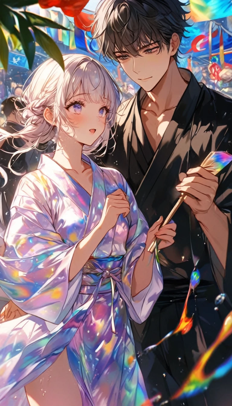 Stripを見つめ合うTwo people、Two people、Tanabata、Strip、Bamboo leaf、Stripに願いをこめて、Grilling in a yukata,fluid,Particles of light, dream-like,Sparkling,dream-like glow,Paint drips,oil,strong stroke,Paint drips,Splash Paint Drop, oil,(Abstract:1.2)A girl and a boy made up of(Tanabataライトトレース:1.25),Change to (Radioluminescence light tracking) スタイルTanabataのSummer festival,Two peopleは織姫と彦星(Cowboy Shot),Temple Fair,Summer festival,Shining in rainbow colors、16K, Ultra-high resolution, to be born,wonderful ,future、Iridescent、The world 30 years from now。