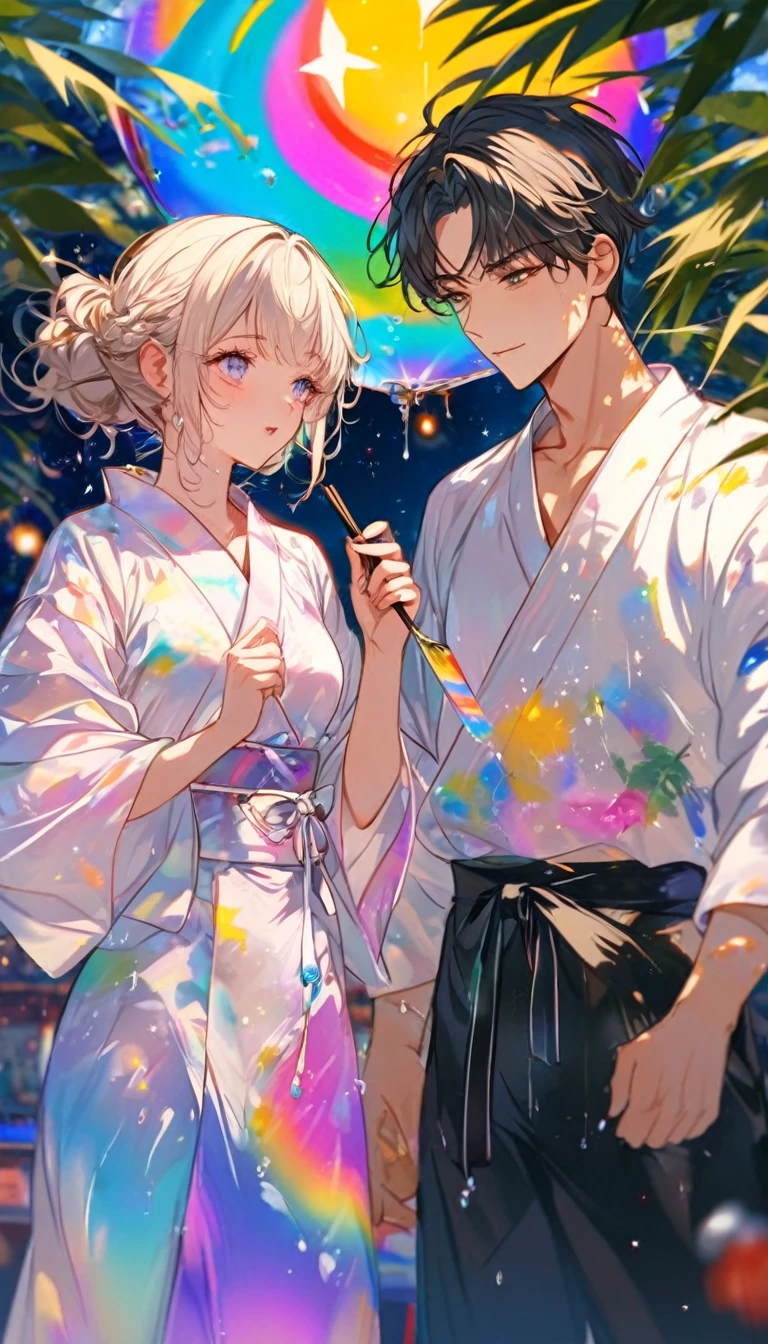 Two people、Tanabata、Strip、Bamboo leaf、Stripに願いをこめて、Stripを持っている、Grilling in a yukata,fluid,Particles of light, dream-like,Sparkling,dream-like glow,Paint drips,oil,strong stroke,Paint drips,Splash Paint Drop, oil,(Abstract:1.2)A girl and a boy made up of(Tanabataライトトレース:1.25),Change to (Radioluminescence light tracking) スタイルTanabataのSummer festival,Two peopleは織姫と彦星(Cowboy Shot,Above Knee Portrait:1.25),Temple Fair,Summer festival,Shining in rainbow colors、16K, Ultra-high resolution, to be born,wonderful ,future、Iridescent、The world 30 years from now。