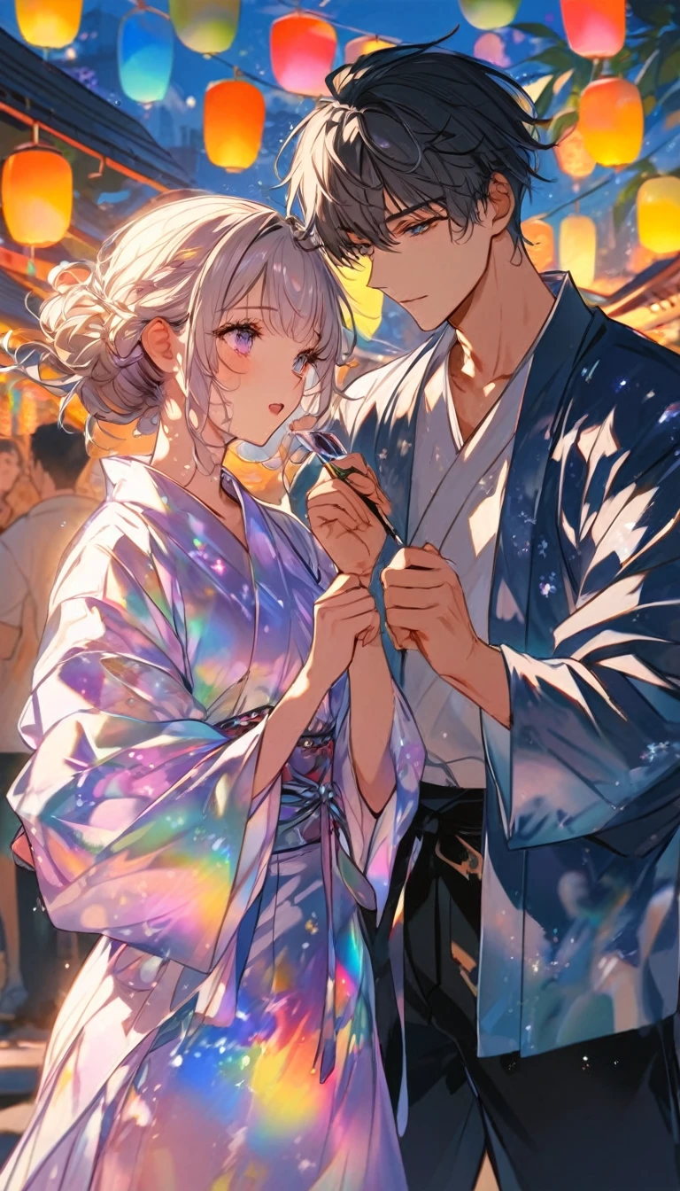 Stripを見つめ合うTwo people、Two people、Tanabata、Strip、Bamboo leaf、Stripに願いをこめて、Grilling in a yukata,fluid,Particles of light, dream-like,Sparkling,dream-like glow,Paint drips,oil,strong stroke,Paint drips,Splash Paint Drop, oil,(Abstract:1.2)A girl and a boy made up of(Tanabataライトトレース:1.25),Change to (Radioluminescence light tracking) スタイルTanabataのSummer festival,Two peopleは織姫と彦星(Cowboy Shot),Temple Fair,Summer festival,Shining in rainbow colors、16K, Ultra-high resolution, to be born,wonderful ,future、Iridescent、The world 30 years from now。