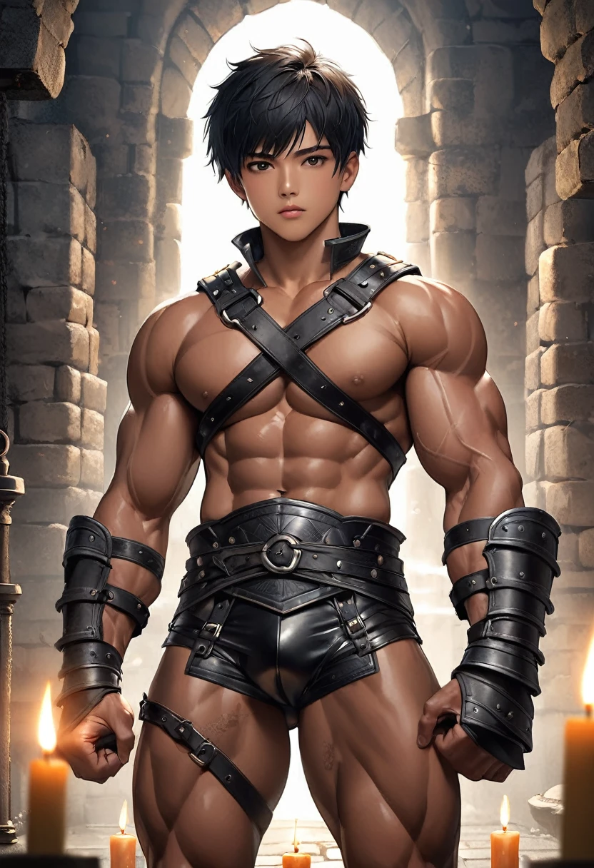 high quality, detailed, Realistic, (19 years old japanese bulky Gladiator boy), (detailed black eyes), (black short hair), (muscle:1.5), (dark skin), dungeon, leather crossed harness, (leather tiny thongs), (bulge:1.2), candle, detailed nipples,