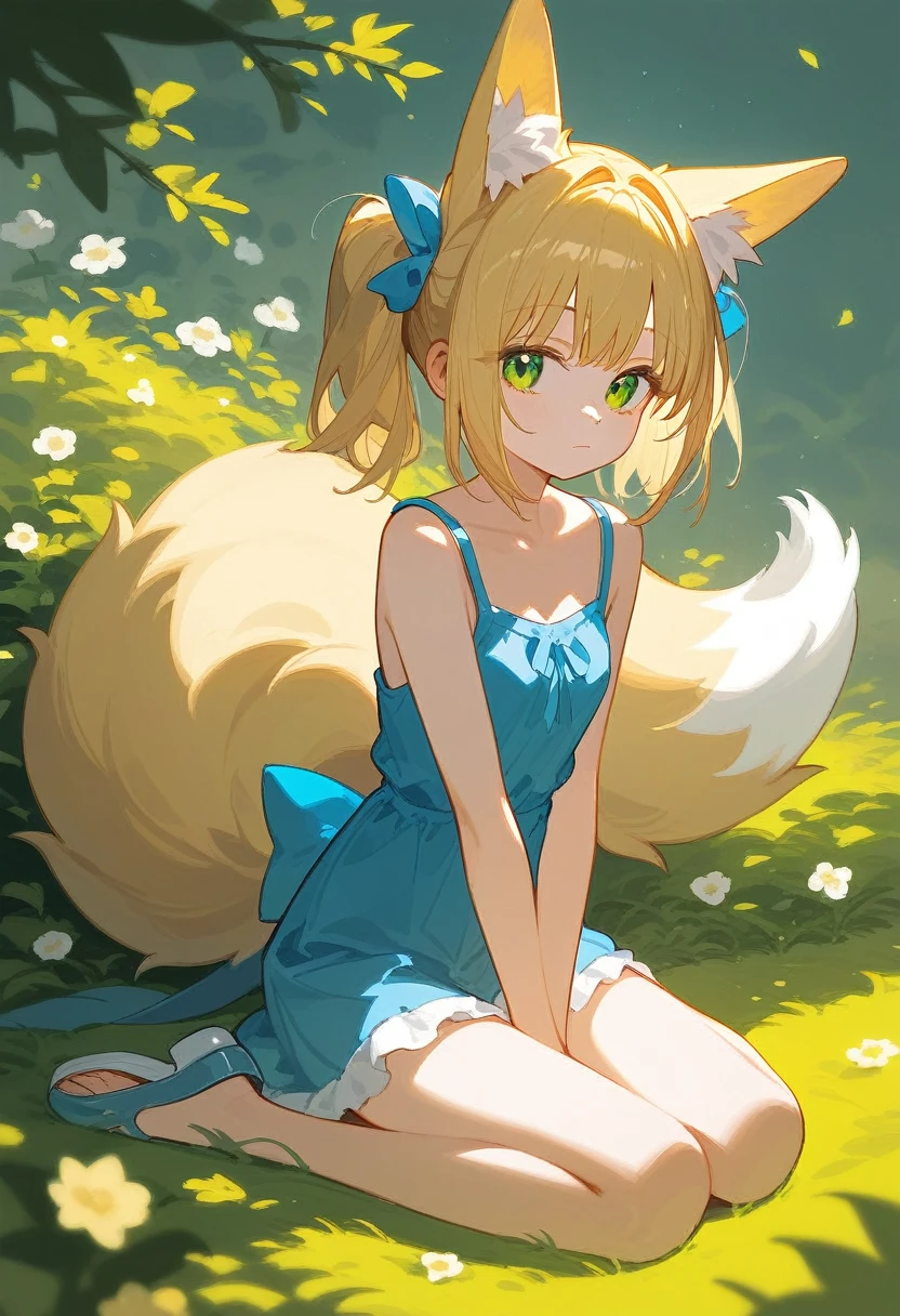 score_9,score_8_consolation,score_7_consolation,evaluation_safe, 1 woman,alone,Suzuran,closed mouth,green eyes,Animal ear fluff,blonde hair,1 tail,fox tail,sitting astride,put one&#39;s hand into one&#39;s clothes,outdoors,In the meadow,short cut,short ponytail